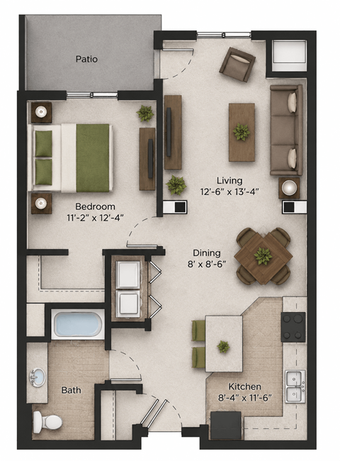 Floor plan for 1 bed, 1 bath, 871 sqft